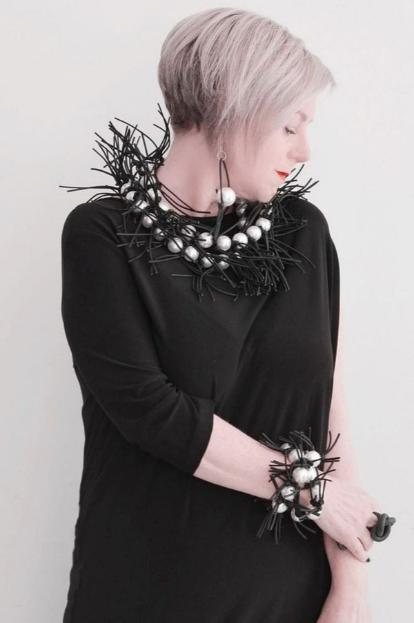 Faux Pearl with Leatherette Spikes Necklace & Bracelet Set - White - Jianhui London