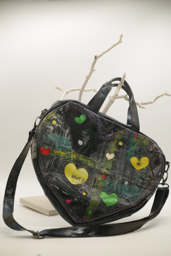 Canvas Carry – Handbag in Painted Upcycled Leather Heart Shape
