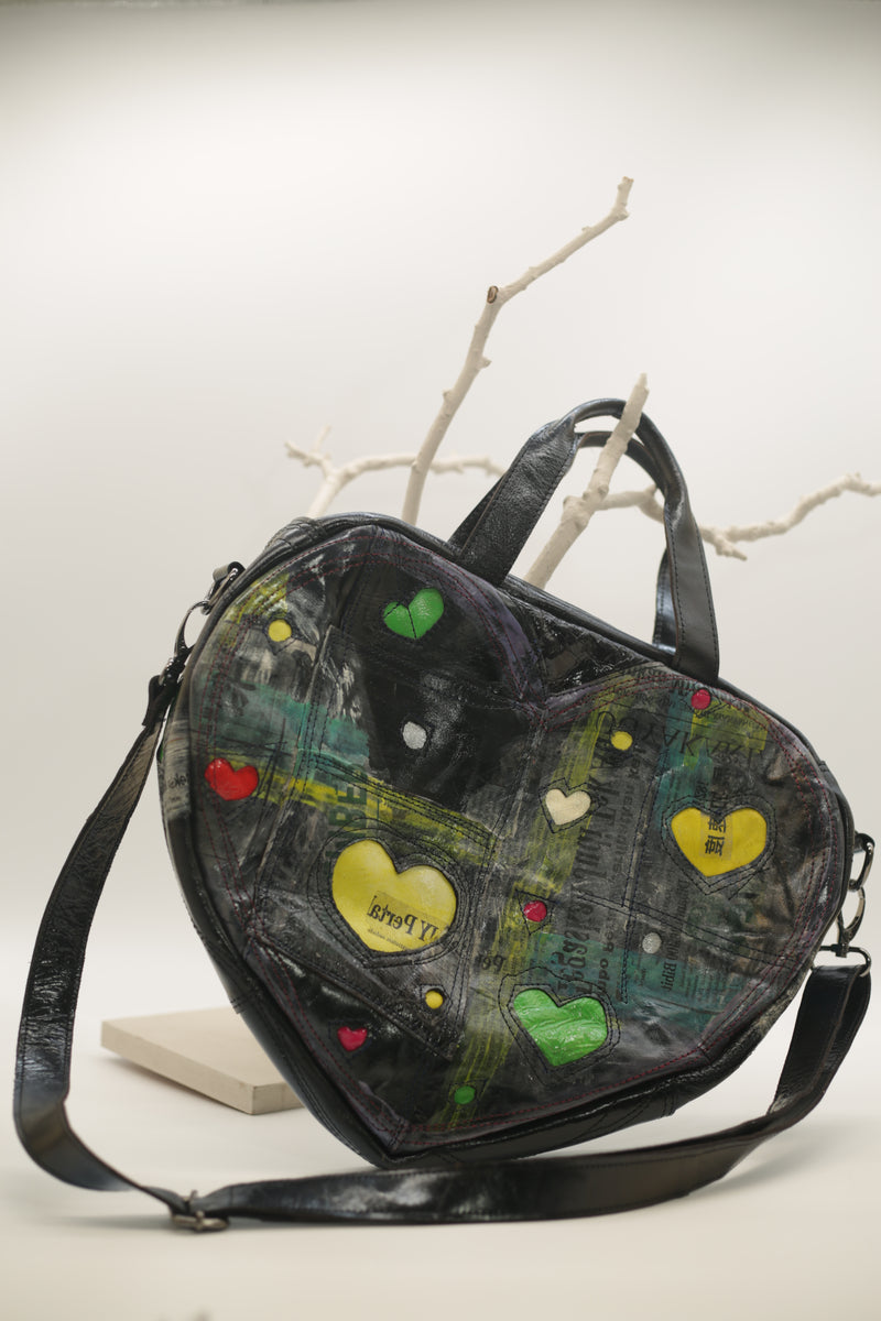 Canvas Carry – Handbag in Painted Upcycled Leather Heart Shape
