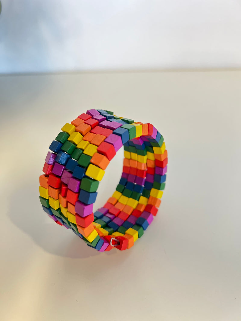 Pashmina Recycled Wood Cube Snake Bracelet - Mosaic Rainbow