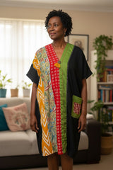 Sustainable Ramie Kaftan with Vintage Batik Patchwork | Lightweight Summer Dress
