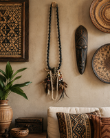 Handmade Asmat Bamboo Cord Necklace with Bronze Fumepirits Pendant & Lava Stone Beads