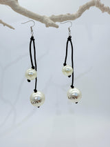 Faux Pearl "Love" on 2 Leatherette Strands Earrings - White