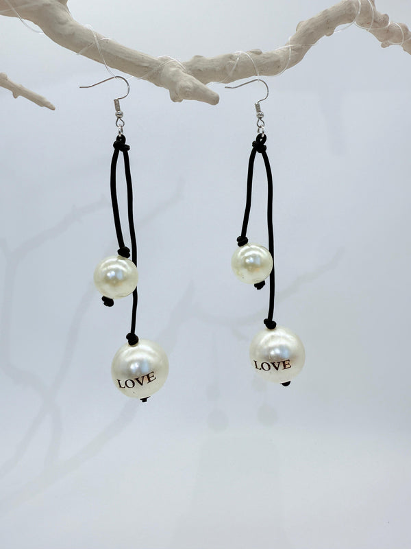 Faux Pearl "Love" on 2 Leatherette Strands Earrings - White