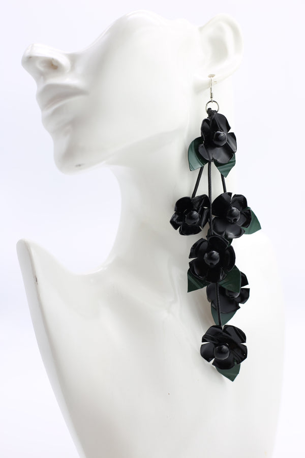 UPCYCLED PLASTIC BOTTLES POPPY WITH GREEN LEAF EARRINGS