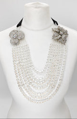 Faceted clear Vintage crystal beads with diamente crystal flower with ribbon - Classic statement style necklace for wedding, anniversary and other special occasions