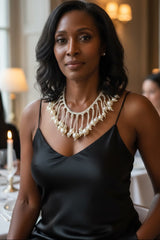 Faux Pearls on Hand-woven Leatherette Collar Necklace - White