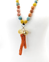 Handmade Ceramic Beads Necklace with Coral Pendant – Colourful Statement Jewellery for Spring Summer, Unique Artisan Gift for Her
