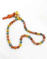 Handmade Ceramic Beads Necklace with Coral Pendant – Colourful Statement Jewellery for Spring Summer, Unique Artisan Gift for Her