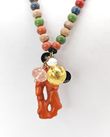 Handmade Ceramic Beads Necklace with Coral Pendant – Colourful Statement Jewellery for Spring Summer, Unique Artisan Gift for Her