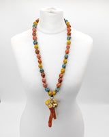 Handmade Ceramic Beads Necklace with Coral Pendant – Colourful Statement Jewellery for Spring Summer, Unique Artisan Gift for Her