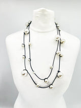 Handmade Faux Pearl Necklace on Leatherette – Adjustable Long or Double Wrap Minimalist Statement Jewelry for Wedding & Party
