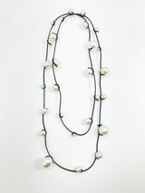 Handmade Faux Pearl Necklace on Leatherette – Adjustable Long or Double Wrap Minimalist Statement Jewelry for Wedding & Party