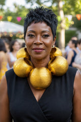 A woman with short black hair wearing a dramatic chunky gold statement necklace by Jianhui London and a black sleeveless top, photographed outdoors with a blurred background of people and greenery.
