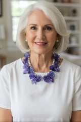 Handmade Iris Flower Necklace – Recycled Plastic Floral Statement Necklace with Faux Pearls | Van Gogh Inspired Jewelry