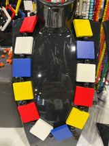 Handmade Mondrian Color Wooden Square Necklace – Recycled Wood Statement Jewelry - Big