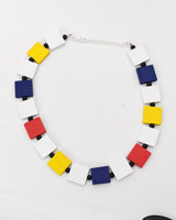 Handmade Mondrian Color Wooden Square Necklace – Recycled Wood Statement Jewelry - Small