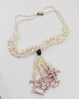 Handmade Mother of Pearl Beads Necklace with Tassel – Natural Abstract Statement Jewelry, Lightweight Summer Necklace, Unique Gift for Women