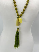 Handmade Vintage Lemon Jade Beaded Necklace with Square Jade Pendant & Silk Tassel – Sustainable Elegant Jewelry Gift for Women