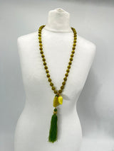 Handmade Vintage Lemon Jade Beaded Necklace with Square Jade Pendant & Silk Tassel – Sustainable Elegant Jewelry Gift for Women