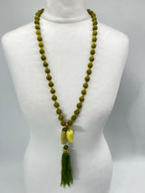 Handmade Vintage Lemon Jade Beaded Necklace with Square Jade Pendant & Silk Tassel – Sustainable Elegant Jewelry Gift for Women
