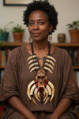 A woman with short curly black hair wearing a brown patterned top and a large animal skull pendant necklace with curved ivory-like elements, seated indoors in front of a bookshelf.