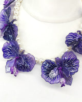 Handmade Iris Flower Necklace – Recycled Plastic Floral Statement Necklace with Faux Pearls | Van Gogh Inspired Jewelry