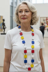 Handmade Mondrian Color Block Necklace – Recycled Wooden Statement Necklace for Women - Big