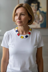 Handmade Mondrian Color Wooden Square Necklace – Recycled Wood Statement Jewelry - Small