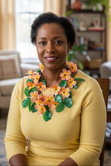 Woman wearing a handmade colorful floral necklace by Jianhui London in a living room setting