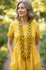 Handmade Recycled Wooden Coin Bead Necklace – Multi-Strand Statement Necklace | Sustainable Artisan Jewelry -Yellow graffiti/Small
