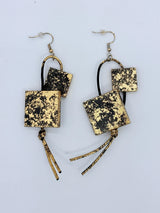 Handmade Recycled Wooden Statement Earrings – Hand-Painted & Gold Leaf Square Drop Earrings