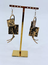 Handmade Recycled Wooden Statement Earrings – Hand-Painted & Gold Leaf Square Drop Earrings