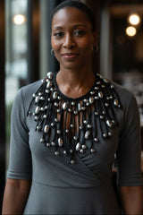 Crystal Eggs Hand-stitched on Cotton Cord Cape-style Necklace