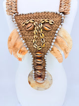 Asmat Inspired Shell & Fish Bone Statement Necklace with Semi-Precious Stone Pendant