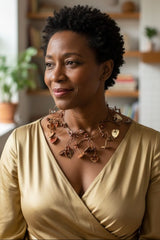 Handmade gilded recycled wood hearts shape on Leatherette fishbone necklace - Short - Sustainable jewellry