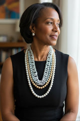 Handmade statement vintage glass pearls and silver chain necklace with ribbon