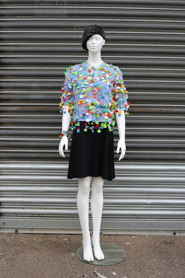 WEARABLE ART - HANDMADE RECYCLED PLASTIC BOTTLE PETAL SHORT JACKET - MULTI - Jianhui London