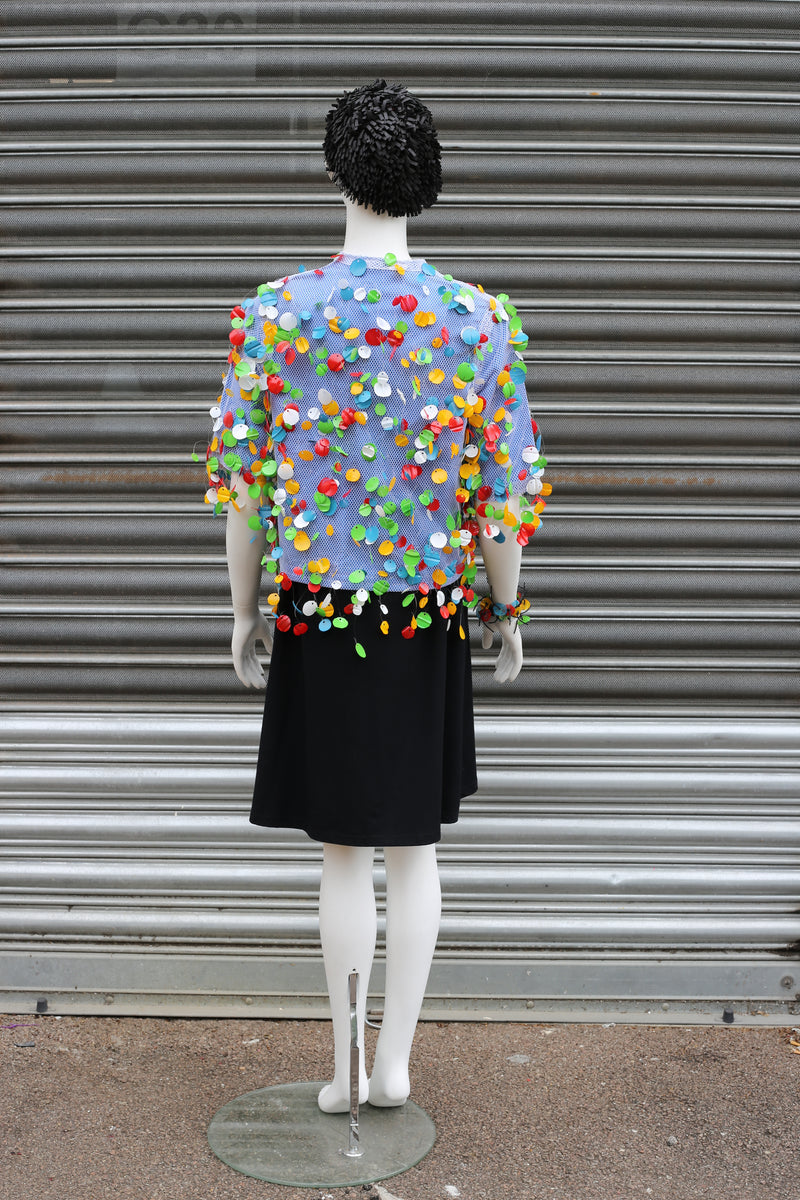 WEARABLE ART - HANDMADE RECYCLED PLASTIC BOTTLE PETAL SHORT JACKET - MULTI - Jianhui London