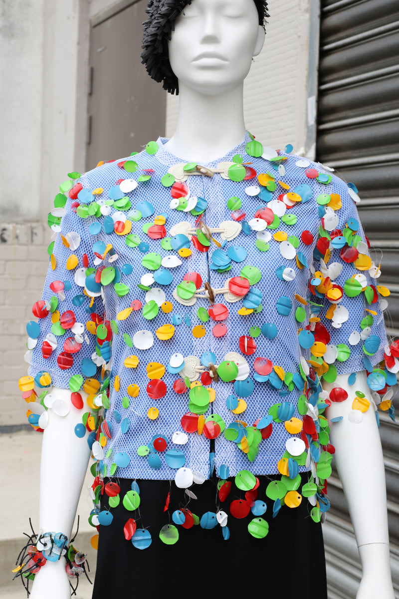 WEARABLE ART - HANDMADE RECYCLED PLASTIC BOTTLE PETAL SHORT JACKET - MULTI - Jianhui London