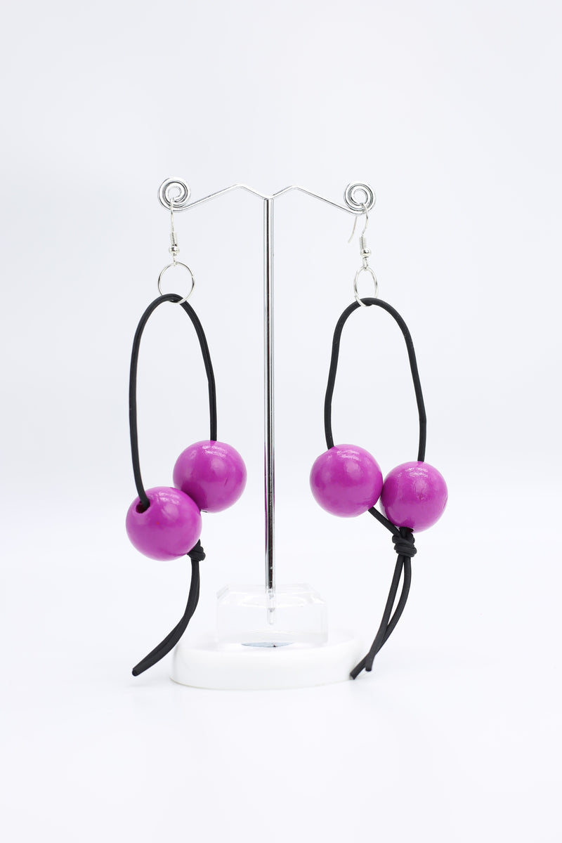 Round Beads on Leatherette Loop Earrings - Double - Jianhui London