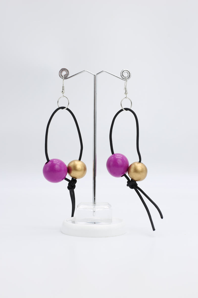 Round Beads on Leatherette Loop Earrings - Double - Jianhui London