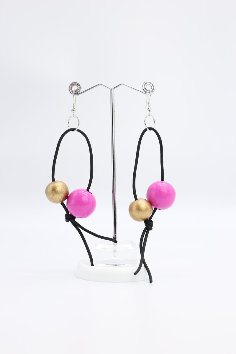 Round Beads on Leatherette Loop Earrings - Double - Jianhui London