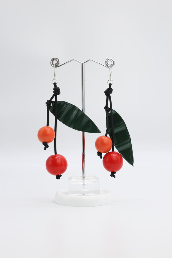 Wooden Beads & Recycled Plastic Bottle leaf Berry Earrings - Jianhui London