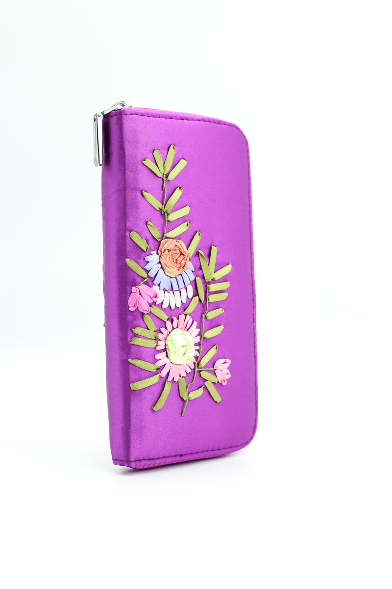 Handmade Recycled Silk  Women's Wallet with Flower Embroidery