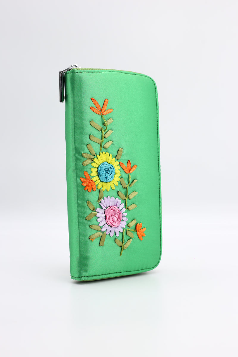 Handmade Recycled Silk  Women's Wallet with Flower Embroidery