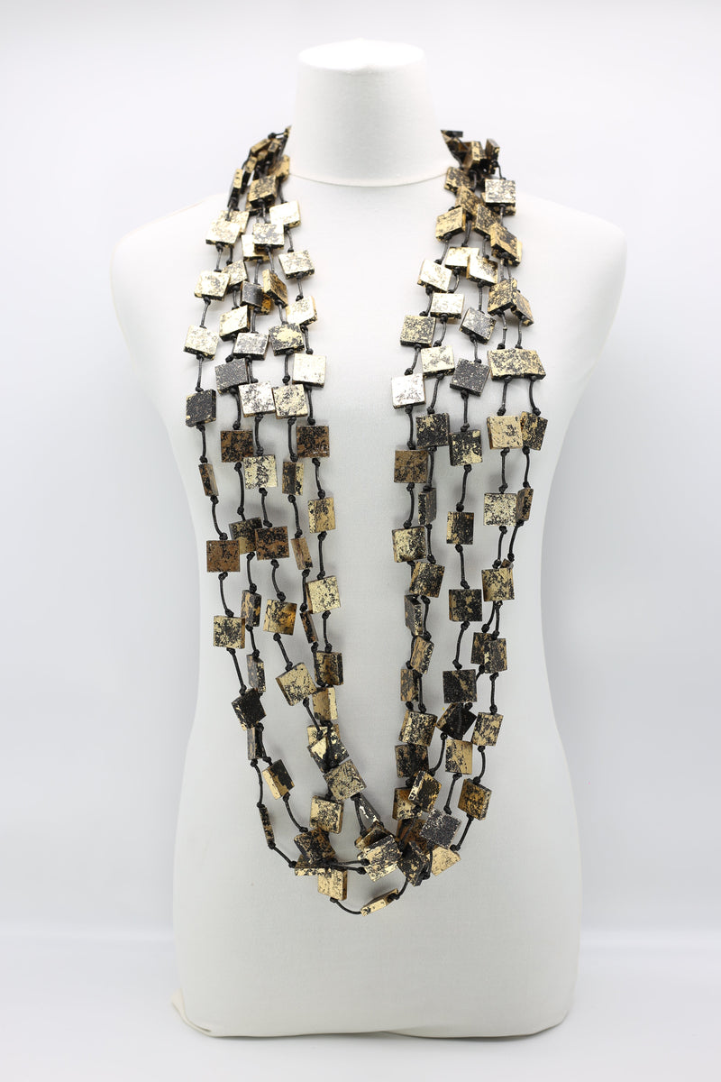 5 STRAND RECYCLED WOOD SQUARES NECKLACES - HAND GILDED - SMALL