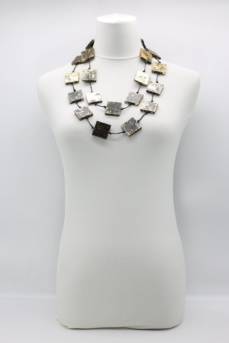 RECYCLED WOOD SQUARES SINGLE STRAND HAND GILDED NECKLACE