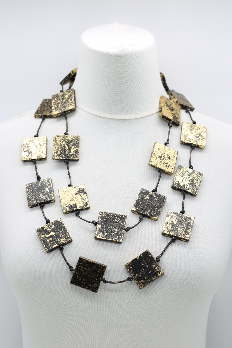 RECYCLED WOOD SQUARES SINGLE STRAND HAND GILDED NECKLACE