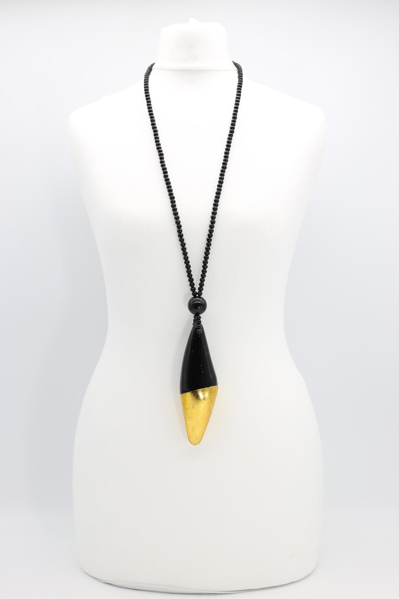 Upcycled horn pendant with tiny wooden beads - Hand gilded Gold